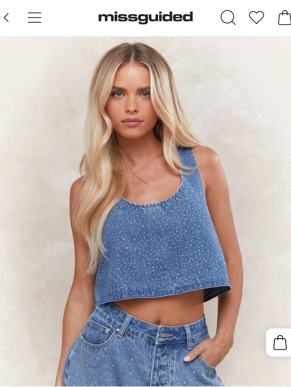 Missguided Blue Denim Crop Tank with Sparkle